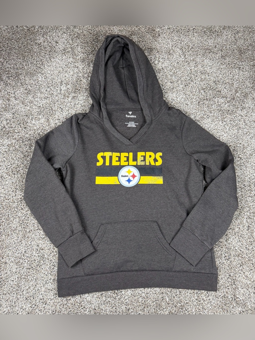 Sz XL Womens Fanatics Pittsburgh Steelers Pullover Hoodie Sweatshirt Grey V Neck
